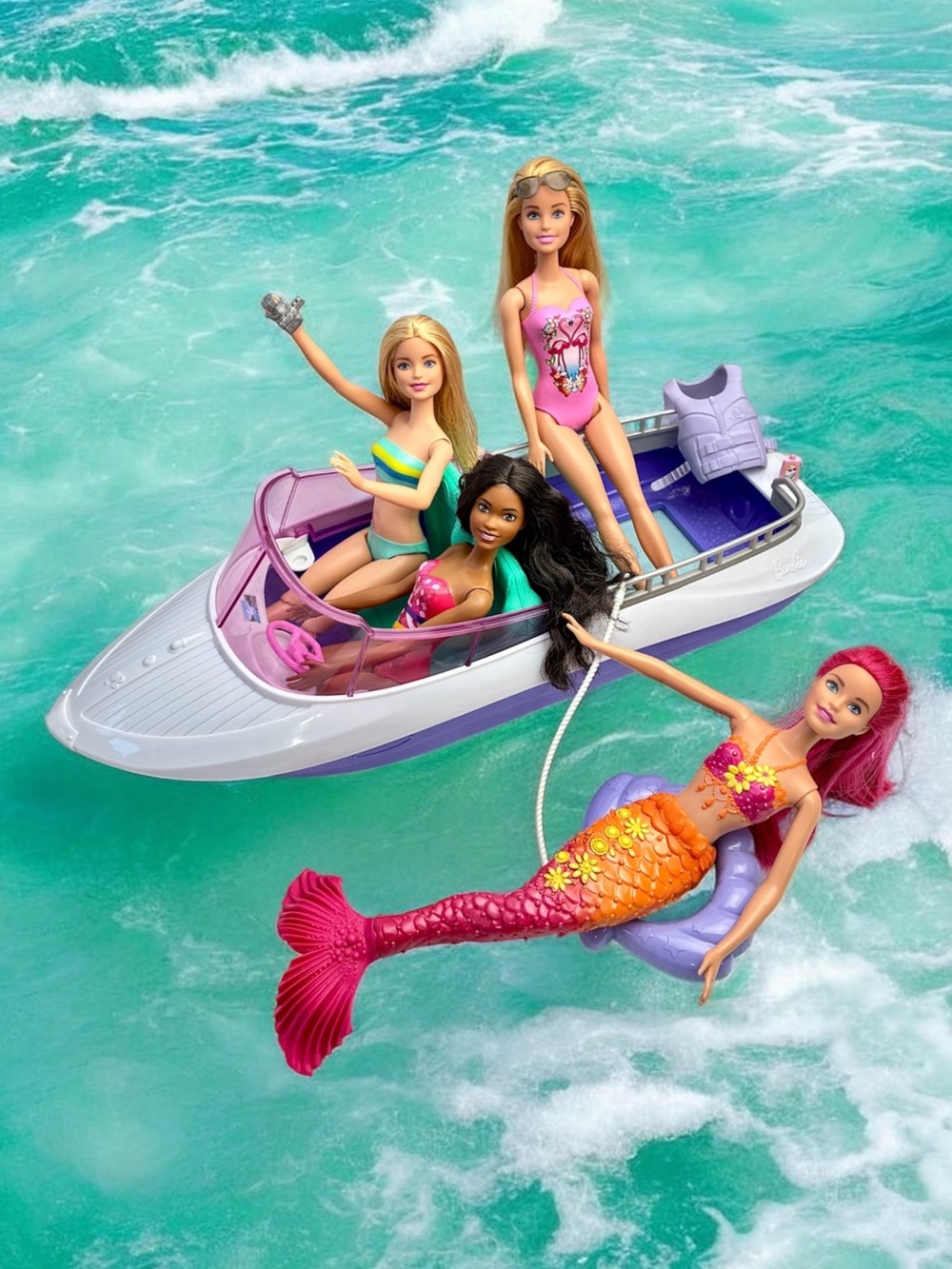 Barbie Mermaid Power Boat Lot With Dolls